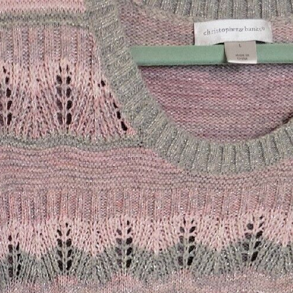 Christopher & Banks Pink Striped Metallic Knit Pullover Sweater Womens SZ Large - Picture 2 of 9